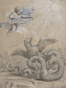 Projekt z orłem walczącym z wężem i putto w podniebnym gospodarstwie..., XVII wiek. autorstwa Pietro da Cortona