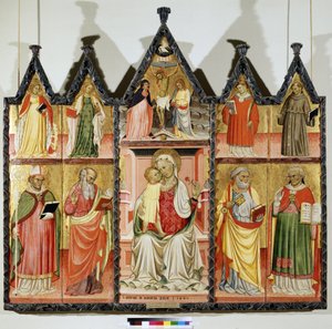 Poliptyk Matki Boskiej z Dzieciątkiem i Świętymi. U góry po lewej: Święta Katarzyna Aleksandryjska i Święta Maria Magdalena. W centrum wokół Chrystusa na krzyżu z napisem „INRI”” (I.N.R.I.). Maryi Panny i św. Jana. U góry po prawej: S autorstwa Pietro di Giovanni Lianori