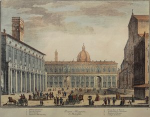 Włochy, Bolonia, Piazza Maggiore lub Piazza Grande, rycina Pio Panfili autorstwa Pio Panfili