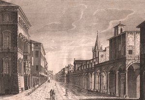 Widok Strada Maggiore w Bolonii, Emilia-Romania, Włochy, miedzioryt C Lambertiniego według rysunku Pio Panfili (1723-1812), ok. 13,5x19 cm autorstwa Pio Panfili