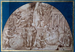 Alegoria astronomii. Naukowcy dokonują pomiarów na kulach ziemskich. Rysunek brązowym tuszem autorstwa Pirro Ligorio (około 1500-1583) XVI-wieczny Paryż, Luwr autorstwa Pirro Ligorio