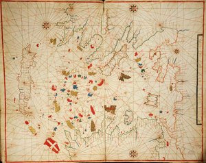Mar Egeu, do atlas portulano composto por seis cartas, de Placido Caloiro e Francesco Oliva, Pergaminho. 1646. polonês