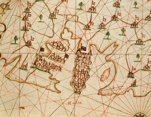 Wyspa Malta, z portolańskiego atlasu składającego się z sześciu map autorstwa Placido Caloiro i Francesco Olivy, Pergamin. 1646.