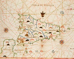 Sycylia z portolańskiego atlasu składającego się z sześciu map, autorstwa Placido Caloiro i Francesco Olivy, Pergamin. 1646.