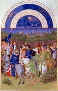 Orszak szlachty i muzyków na koniach, widok na Pałac Książęcy w Riom (?) i miesiąc maj. Miniatura flamandzka Pol De Limburg (XV wiek) z rękopisu „Bardzo bogate godziny księcia Berry”