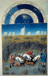 Grudzień: scena polowania. W tle miniatura flamandzka Vincennesa Pol De Limburg (XV w.) z rękopisu „Bardzo bogate godziny księcia Berry”