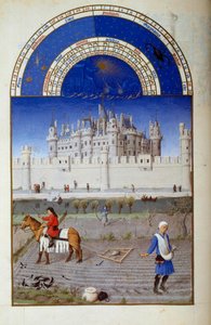Październik: siew. W tle flamandzki Luwr, miniatura Pola z Limburga z „Księgi dobrych Maurów” Jacquesa Wielkiego (1360-1415/1418), dedykowana Janowi Księciu Berry