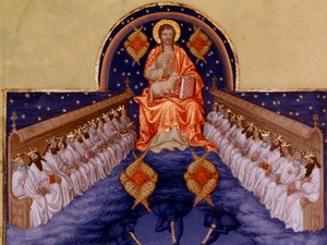 Św. Jana Patmos. „Miniatura w „Bardzo bogatych godzinach księcia Berry” Pol De Limburg (XV wiek). Chantilly, Musee Conde