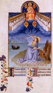Św. Jana Patmos. „Miniatura w „Bardzo bogatych godzinach księcia Berry” Pol De Limburg (XV w.). Chantilly, Musee Conde