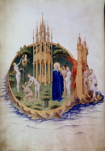 Grzech pierworodny, Adam i Ewa wygnani z Rajskiej Miniatury w „Bardzo bogatych godzinach księcia Berry” Pol De Limburg (XV w.). Chantilly, Musee Conde