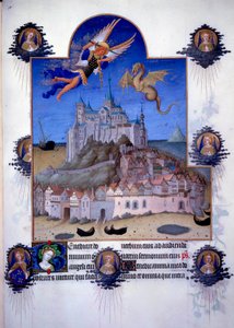 Widok na Mont Saint Michel (Mont-Saint-Michel): archanioł Saint Michel i skrzydło smoka są przedstawione w walce w powietrzu. Miniatura flamandzka z Pol de Limburg z „Księgi dobrych Maurów” Jacquesa Wielkiego (1360-1415/1418), dedykowana Janowi