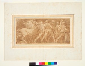 Fryz z częścią rzymskiego triumfu (pióro i brązowy tusz oraz brązowy wash) autorstwa Polidoro da (after) Caravaggio