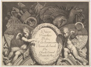 Strona tytułowa Trofeów broni Divers Trophées po fasadzie Palazzo Milesi w Rzymie, 1651 autorstwa Polidoro da Caravaggio