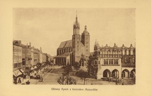 Krakow-Krakau: Glowny Rynek z kosciolem Maryackim (b/w photo) autorstwa Polish Photographer