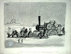 Popular Misconceptions: Life in Russia, ilustracja z Punch, opublikowana 27 grudnia 1939 (długopis, atrament, monochromatyczna akwarela i kolor ciała na papierze) autorstwa Pont