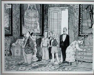 The British Character: żywe zainteresowanie zabytkowymi domami, ilustracja z Punch, opublikowana 8 lipca 1936 r. (pióro i tusz na papierze) autorstwa Pont