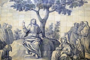 Kościół Miłosierdzia. Azulejos. Kazanie na górze. Jezus. Evora. Portugalia. autorstwa Portuguese School