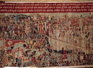 Podbój Afryki: „”Zdobywanie Asilah (Arzila) w Maroku w 1471 r. przez flotę portugalską””” Fragment gobelinu XVI-wiecznej szkoły portugalskiej. Lizbona, Narodowe Muzeum Sztuki Starożytnej autorstwa Portuguese School