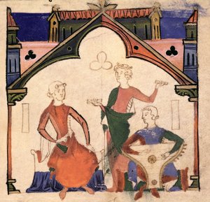 Fol.4r Muzycy grający na kastanietach i psałterium z Chansonnier des Nobles autorstwa Portuguese School