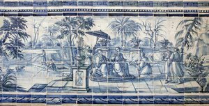 Degustacja owoców nad jeziorem w Azji - Azulejos, malowany fajans autorstwa Portuguese School