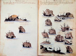 Strona rękopisu „” Pomniki armad Portugalii pod panowaniem króla Manuela I (1469-1521)”” przedstawiające floty portugalskie. 1523 p.n.e. Paryż autorstwa Portuguese School