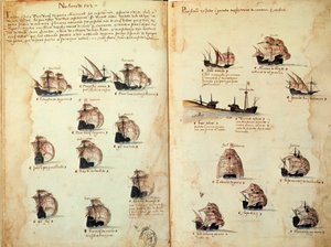 Strona rękopisu „” Pomniki armad Portugalii pod panowaniem króla Manuela I (1469-1521)”” przedstawiające floty portugalskie. 1533 p.n.e. Paryż autorstwa Portuguese School