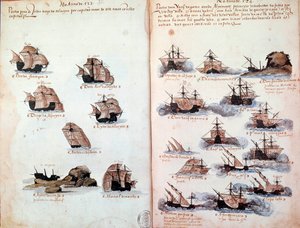 Strona rękopisu „” Pomniki armad Portugalii pod panowaniem króla Manuela I (1469-1521)”” przedstawiające floty portugalskie. 1523 p.n.e. Paryż autorstwa Portuguese School