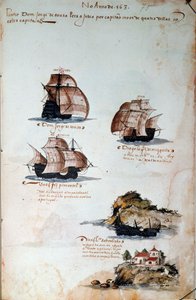 Strona rękopisu „Wspomnienia o armadach Portugalii pod panowaniem króla Manuela I (1469-1521)” przedstawiające floty portugalskie roku 1497. 1500 Lizbona, Narodowe Muzeum Sztuki Starożytnej autorstwa Portuguese School