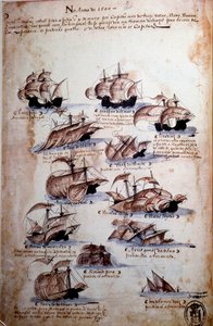 Strona rękopisu „Wspomnienia o armadach Portugalii pod panowaniem króla Manuela I (1469-1521)” przedstawiające floty portugalskie roku 1497. 1500 Lizbona, Narodowe Muzeum Sztuki Starożytnej autorstwa Portuguese School