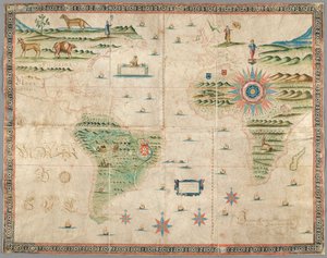 Mapa Europy Zachodniej, Afryki i Ameryki, z rysunkami gór, zwierząt itp. Joseph da Costa e Miranda autorstwa Portuguese School