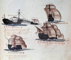 Pomniki Armady Portugalii pod panowaniem króla Manuela I (1469-1521): reprezentacja karawel floty portugalskiej. Miniatura z rękopisu z 1497 r. Lizbona. Narodowe Muzeum Sztuki Starożytnej autorstwa Portuguese School