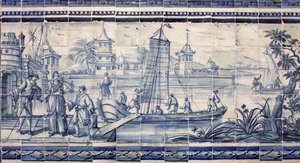 Scena nad brzegiem rzeki w Azji - Azulejos, malowany fajans autorstwa Portuguese School