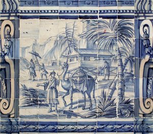 Scena z wielbłądem w Azji - Azulejos, malowany fajans autorstwa Portuguese School