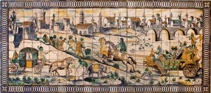Singerie, ślub kur - Panel kafelkowy, ok. 1665, ze starej farmy Cadriceira, w Turcifal, Torres Vedras (Portugalia) (Ślub Kurczaka, Panel kafelkowy, ok. 1665) - Musee national des azulejos, Lizbona (Portugalia) autorstwa Portuguese School