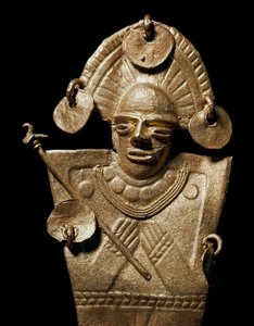 Sztuka przedkolumbijska, cywilizacja Muisca: statuetka kobiety (Tunjo) w złotym ceremonialnym stroju. XV-XVII wiek. Bogota, Museo de Oro, Kolumbia - Sztuka prekolumbijska, kultura Muisca (XV-17 AD): złoty posąg tundżo, kobieta ubrana w uroczysty strój