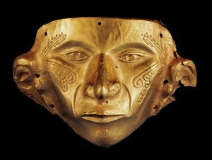 Maska prekolumbijska z Parku Archeologicznego Tierradentro, Alto de San Andres w Kolumbii (złoto)