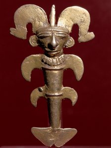 Sztuka przedkolumbijska, cywilizacja Quimbaya (Kolumbia): antropomorficzny wisiorek ze złota. 400-1400 n.e. Bogota, Museo de Oro, Kolumbia