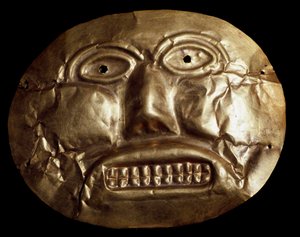 Cywilizacja przedkolumbijska Calima: złota maska pogrzebowa. Bogota VII-XV w., Museo de Oro Colombia - Sztuka prekolumbijska, kultura Calima (7-15 wne): złota maska pogrzebowa - Bogota, Museo de Oro Colombia - Sztuka prekolumbijska, kultura Calima (7-15 wn