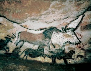 Byk z jeleniem i koniem, górny paleolit, z jaskini Lascaux, Francja, ok. 17.000-15.000 pne (malarstwo)