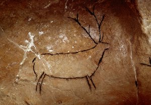 Prehistoria: jeleń. Malowidło jaskiniowe z górnego paleolitu (magdalen) (16 500 i 14 000 lat temu). Wiek kamienia. Jaskinia Las Chimeneas, Monte Castillo, Hiszpania
