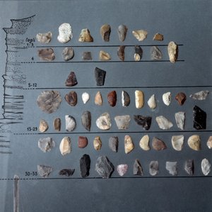 Prehistoria, kultura Pontiniano: kamienie i krzemienie (produkcja litewska) z Jaskini Moscerini w Lacjum. Era kamienia łupanego. Górny paleolit. Rzym, Narodowe Muzeum Etnografii Prehistorycznej Luigi Pigorini autorstwa Prehistoric Prehistoric