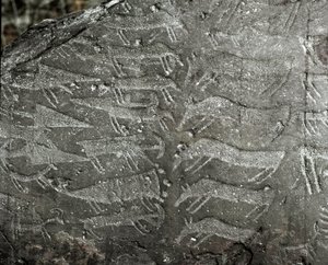 Prehistoria, sztuka naskalna: nagrobek przedstawiający sztylety, woły. Wiek miedzi. Okres eneolityczny (chalkolit). Roche nr. 1. Cemmo (Brescia) Narodowy Park Archeologiczny Głazów Cemmo, Włochy autorstwa Prehistoric Prehistoric