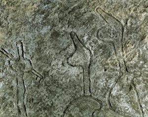 Prehistoria, sztuka naskalna: petroglif (graffiti na kamieniu) przedstawiający scenę polowania. neolit, epoka kamienia. (Azerbejdżan) Epoka brązu. Baku, Państwowe Muzeum Historii Religii Azerbejdżanu autorstwa Prehistoric Prehistoric