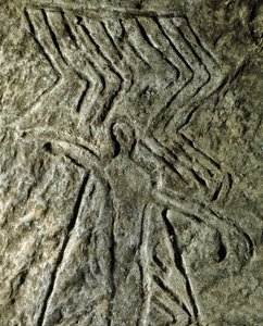 Prehistoria, sztuka naskalna: petroglif (graffiti na kamieniu) przedstawiający postać ludzką. neolit, epoka kamienia. (Azerbejdżan) Epoka brązu. Baku, Państwowe Muzeum Historii Religii Azerbejdżanu autorstwa Prehistoric Prehistoric