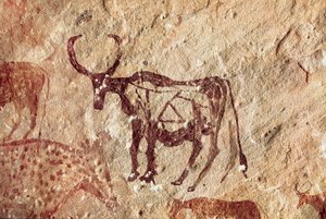 Malarstwo naskalne: przedstawienie jeleniowatego. Jaskinia Tadrart Acacus Libia autorstwa Prehistoric Prehistoric