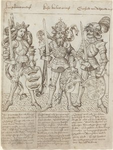 Król Artur, Karol Wielki i Godfrey z Boulogne autorstwa Primary Master of the Strassburg Chronicle