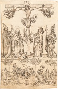 Ukrzyżowanie z Dziewicą i Świętymi oraz Rodziną Hungerstein autorstwa Primary Master of the Strassburg Chronicle