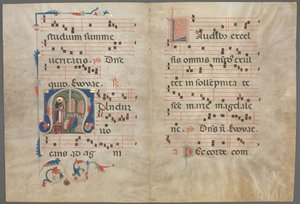 Bifolium z antyfonarza: inicjał M z przepowiadaniem św. 1320-1340. autorstwa Primo Miniatore di San Domenico