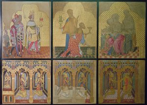 Reconstrução de uma pintura de parede originalmente na Capela de Santo Estêvão retratando na linha inferior da esquerda para a direita: Thomas Woodstock (1355-97), Edmund Langley, John of Gaunt (1340-99), Lionel (1338-68), Edward, The Black Prince ( 1330-7