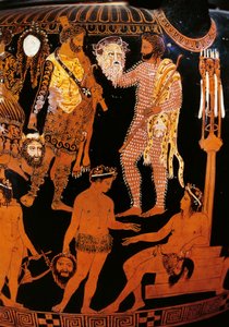 Wazon Pronomos, krater z czerwonymi figurami. Szczegółowo przedstawiający Herkulesa (Heraklesa), przygotowania do satyrycznego dramatu w obecności Dionizosa i Ariany, postacie trzymają maski teatralne. 400 pne. Neapol, Museo Archeologico Nazionale autorstwa Promonos Painter